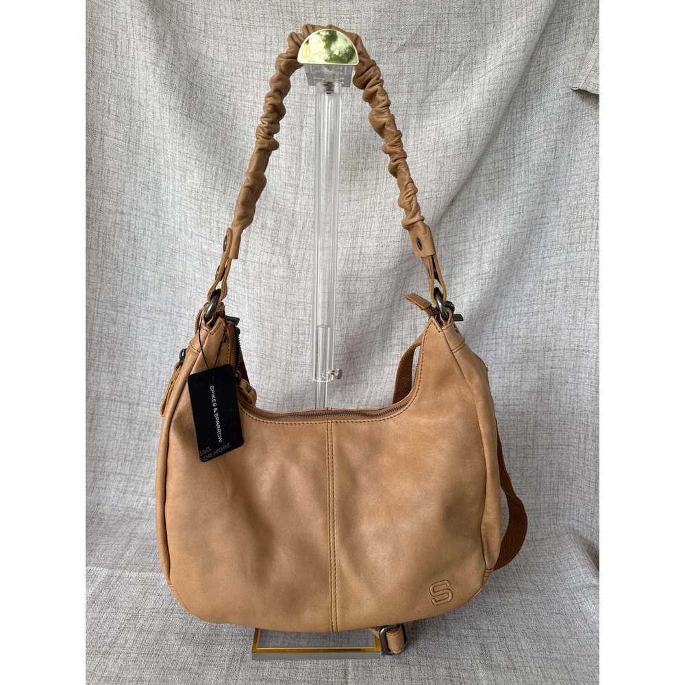 Spikes & Sparrow Hobo Bag Women Medium Tan New Leather Ruched Handle Crossbody